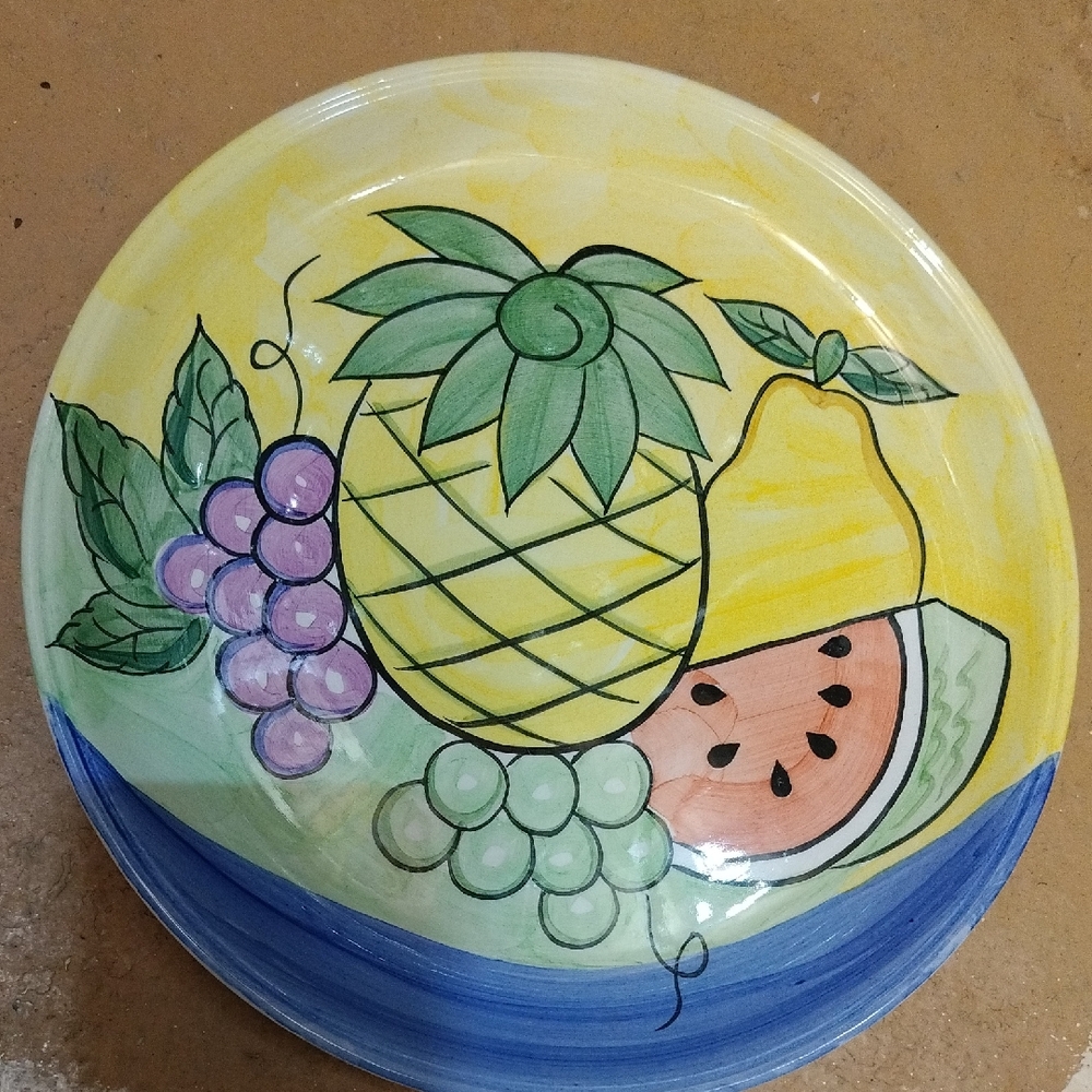 Two Handpainted Fruit Dinner Plates. Colorful Fruit Design Ceramic Plated